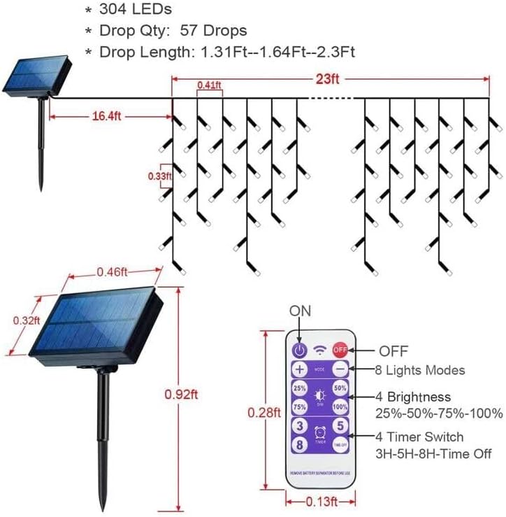 304 LED Solar Christmas Lights, Multicolored Outdoor Icicle Lights, 8 Modes Waterproof Solar Powered String Lights for Xmas Tree Patio Yard Garden Wedding Party House Eaves Roof Decorations - Image 2