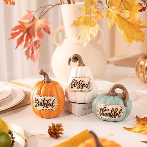Valery Madelyn Pumpkins Fall Table Decor for Home, Set of 3 Resin Decorative Pumpkins Figurines Decor Indoor Tabletop Centerpieces Harvest Autumn Thanksgiving Dining Room Shelf Decoration, 6.3 inch - Image 6