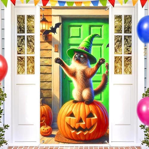 BlissYard Halloween Door Cover Witch Cat 35x71 Inch Polyester - Image 2