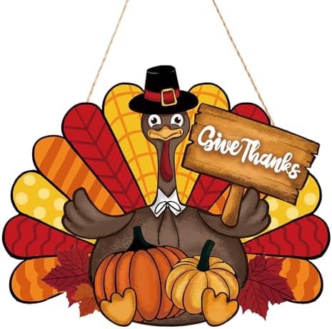 Thanksgiving Decoration Wooden Turkey Pumpkin Door Wreath for Front Door Sign Wall Signs, Thankful Blessed Grateful Pumpkin Sign Hanging for Fall Autumn Harvest Home Halloween Decoration by Sophena