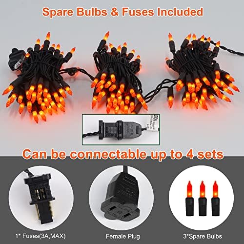 LJLNION 3 Pack Halloween Lights Outdoor, Each 29ft 150 Count Black Wire Incandescent Fairy Mini Lights, 120V UL Certified Clear Light String, Connectable for Patio Tree Party Home Decor, Orange - Image 6