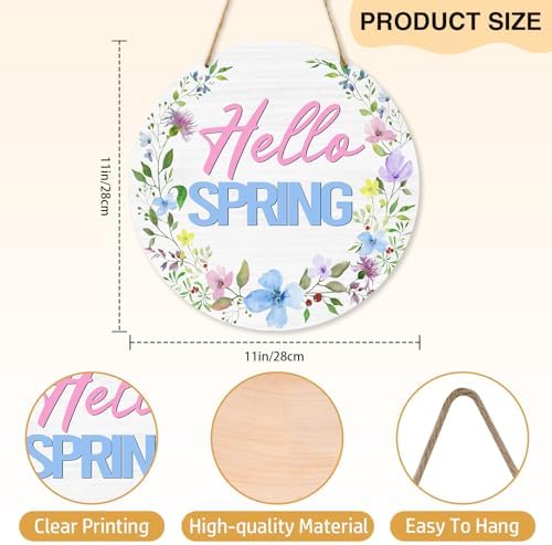Hello Spring Door Sign, Flowers Welcome Wood Hanging Decor, Floral Farmhouse Porch Front Door Outside Decorations -013 - Image 2