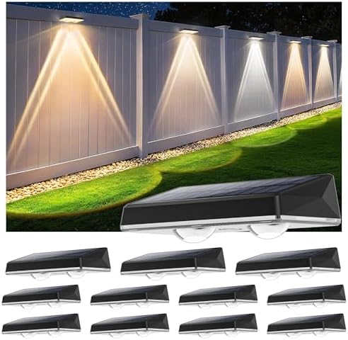 Solar Fence Lights Outdoor, 12 Pack Fence Lights Solar Powered, 3 Color Modes Warm/Natural/Cool White (3000K/4000K/6000K), IP67 Waterproof Dusk to Dawn Solar Lights for Fence, Backyard, Patio, Deck by SunFlickt