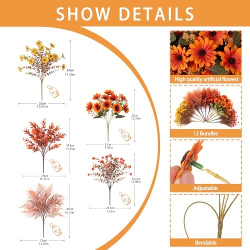 INQCMY Artificial Fall Flowers for Outdoor Porch Decoration,12pcs Fake Mums - Image 3