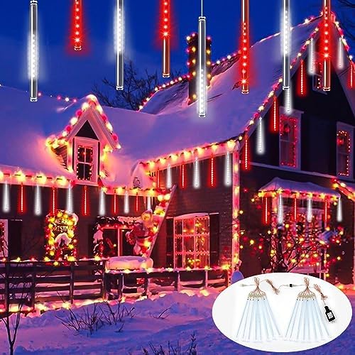 2 Pack Christmas Lights Outdoor 16 Tubes Meteor Shower Lights Red and White - Image 3