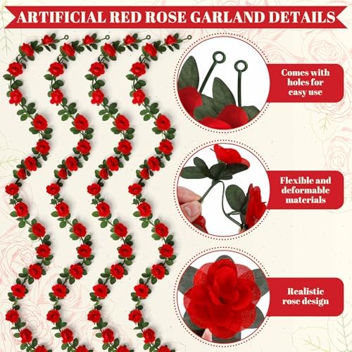 4Pack 31.6FT Red Rose Artificial Flowers Garlands for Wedding Arch Decor - Image 3