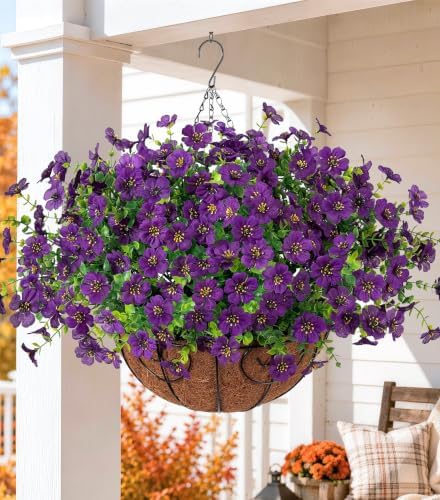 HyeFlora Artificial Fake Hanging Plants Flowers with Basket Outdoor Decor Faux Silk Dasiy Flower Arrangements in Pot Planter for Porch Home Indoor Patio Garden Yard Decoration - Image 2