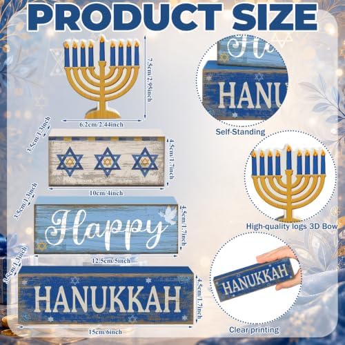 Lineshading 4 Pcs Hanukkah Decorations for Home Chanukah Table Decor Wooden Menorah Decoration Hanukkah Centerpiece Rustic Decorative Menorah Block Signs Gift Farmhouse Jewish New Year Decor for Home - Image 6
