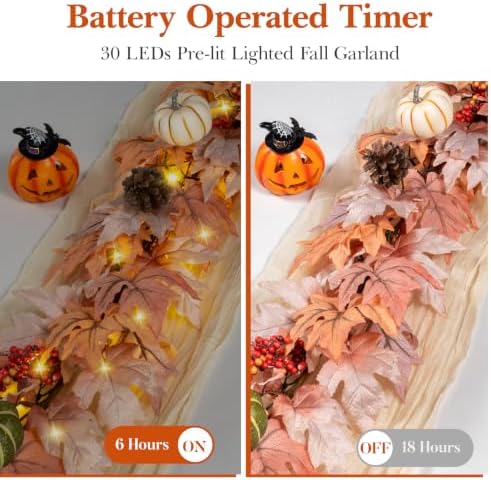 6 FT Fall Garland with 30 Lights & 8 Modes Timer, Pre-lit Lifelike Lighted Fall Maple Leaves Garland with Pumpkin Berries PineCones, Battery Operated Autumn Garland Decor for Mantle Table Thanksgiving - Image 4