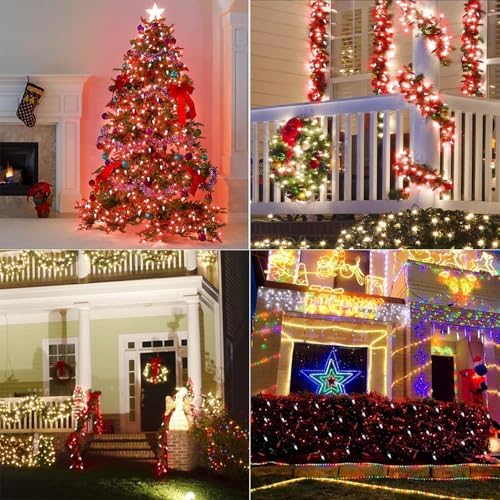 WATERGLIDE C6 Christmas Lights, 100 LED 33ft Faceted Fairy Lights Green Wire String Lights with Safe Adaptor, 8 Lighting Mode, Waterproof for Indoor Outdoor Patio Xmas Tree Party Decor, White & Red - Image 5