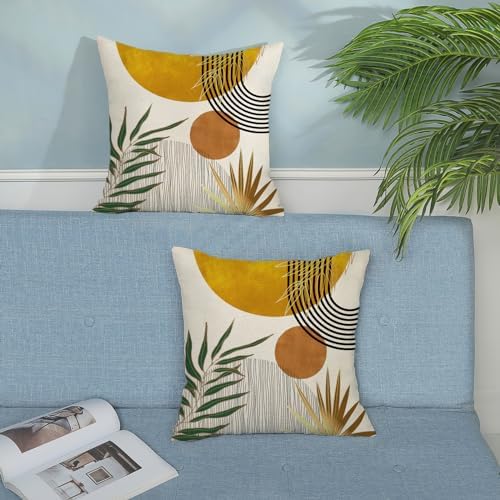 Boho Pillow Covers 18x18 Set of 2 Gold Yellow Sun Throw Pillows Summer Green Tropical Leaf Decor Mid Century Pillowcase Outdoor Decorations Bohemian Style Linen Cushion Case for Couch Home - Image 3