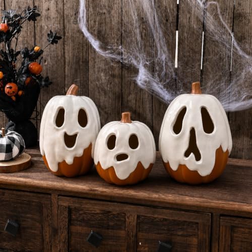 Halloween Decorations - 11" H Resin Ghost Pumpkin with Flameless Candle for Indoor Outdoor - Cute Spooky Decoration Tables Centerpieces Halloween Decor for Porch Home Front Door Mantel - Image 6