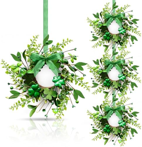 4 PCS Mini St. Patrick's Day Glitter Shamrocks Wreath for Front Door St. Patrick's Day Kitchen Cabinet Wreaths Decorations with Ribbon Small Lucky Green Irish Clover Berry Wreath for Porch Window by Unknown