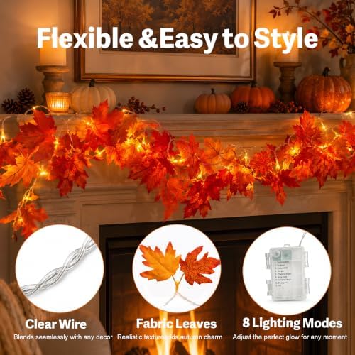 Fall Maple Leaf String Lights, 14.7 ft, 30 LED, Battery-Powered - Image 6