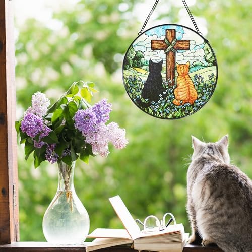 Cat Cross Stained Glass Window Hanging Suncatcher Gifts for Women, Christian Forget Me Not Sun Catcher Indoor Window Decor, Rustic Cats Painted Glass Wall Hanging Decorations 7.8x7.8 in - Image 2