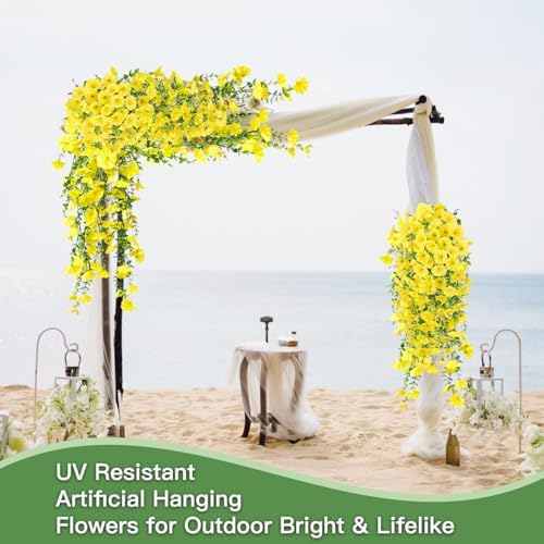 Artificial Flowers for Outdoors Fake Morning Glory Hanging Flower Decoration, 2 Pcs Realistic Faux Plants Petunias Trailing Vines, Spring Summer Decor for Porch Patio Balcony Planter Yard(Yellow) - Image 5
