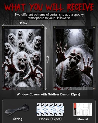 2pcs Halloween Window Cover Decor, Scary Ghost Curtain Outdoor - Image 2