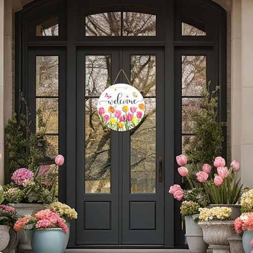 JarThenaAMCS Spring Tulip Welcome Door Sign Easter Summer Wildflower Butterfly Wooden Hanging Decoration Wreaths Floral Front Door Sign for Home Indoor Outdoor Porch Wall - Image 3