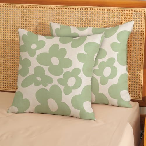 Sage Green Pillow Covers 18x18 Inch Set of 2 Green Cute Floral Throw Pillows Daisy Flower Decor Outdoor Pillow Cases Linen Spring Summer Farmhouse Decoration Cushion Cover for Couch Sofa Bed - Image 3