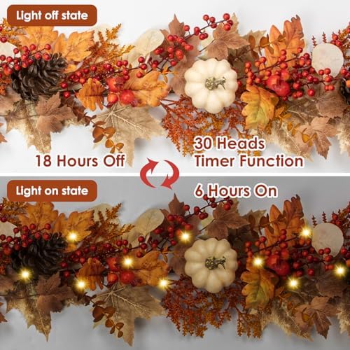 6FT Fall Garland for Mantle with Lights, Pumpkins, Pinecones, Berries - Image 3