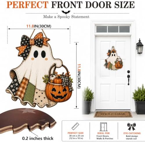Cute Bow Ghost Door Sign Wooden Halloween Door Hanger Pumpkin Porch Decor - Image 2