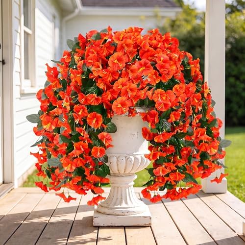 Sggvecsy Artificial Fake Hanging Flowers Plants for Outdoor Outside Spring Summer Decoration 2PCS Faux Silk UV Resistant Realistic Morning Glory Trailing Vines for Home Porch Patio Balcony(Orange) by Sggvecsy