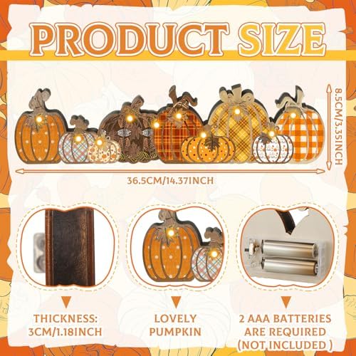 Yousoontic Fall Pumpkin Decor Table Centerpieces Halloween Wooden Pumpkin Sign Decorations with LED Lights 3D Block Autumn Harvest Farmhouse Fall Thanksgiving Decor for Home Mantel Desk Office Party - Image 4