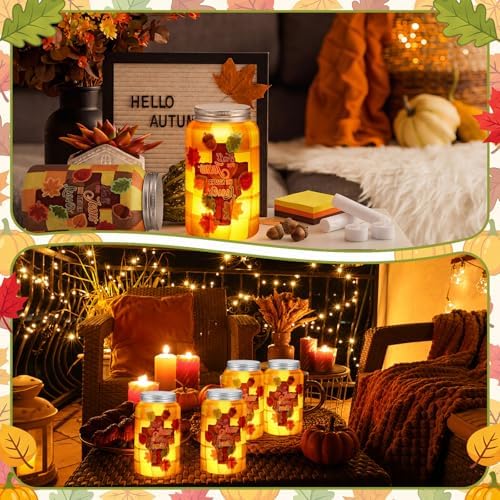 Qinyoung 12 Pcs Fall Christian Crafts Maple Leaf Mason Jar with LED - Image 6