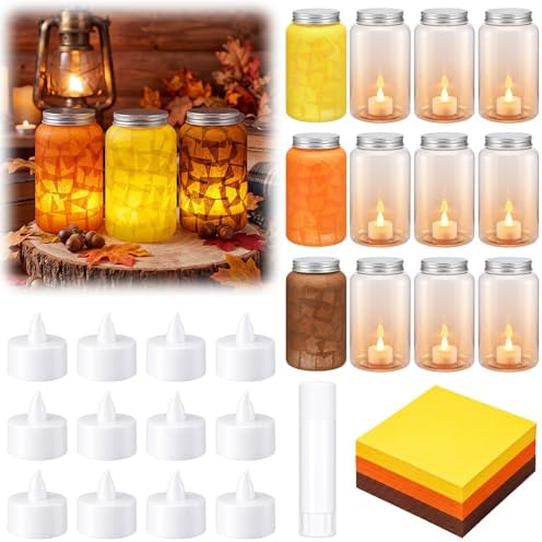 Qinyoung 12 Pcs Fall Crafts Thanksgiving Mason Jar with LED Candle Light by Qinyoung