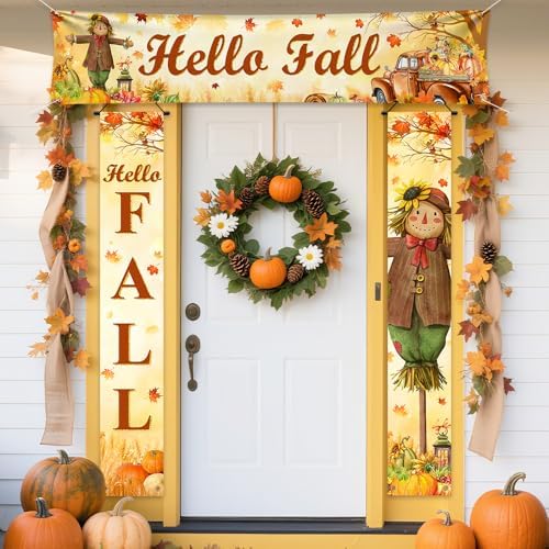 AIBIIN 3pcs Hello Fall Porch Decor Autumn Harvest Porch Banner Sign Thanksgiving Scarecrow Pumpkin Front Door Sign Hanging Home Farmhouse Yard Harvest Party Decorations by AIBIIN