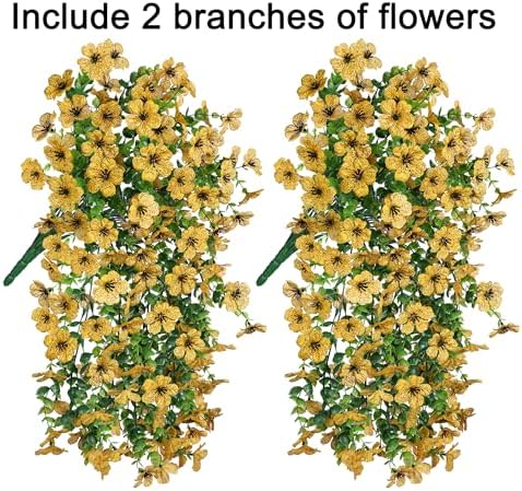 HyeFlora Artificial Hanging Flowers for Outdoors Decoration, 2pcs Fake Daisy with Eucalyptus Leaves for Garden Yard Porch (Yellow) - Image 2