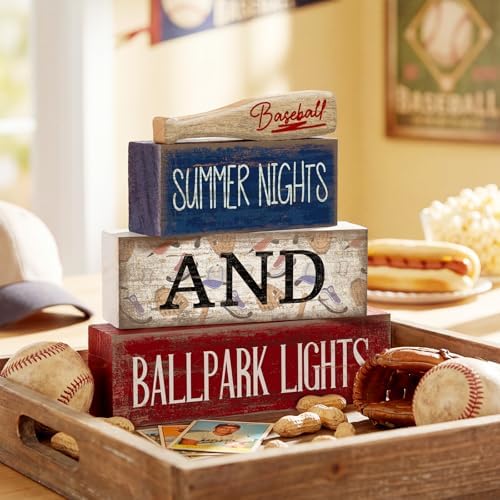 Lineshading 4 Pcs Baseball Wooden Blocks Sign with Bat, Blue White Red - Image 3