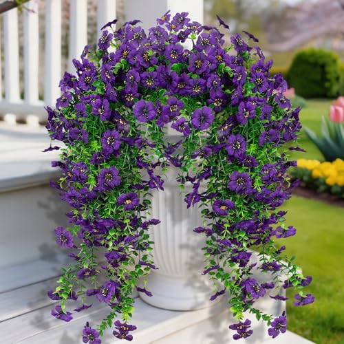 LikSoor 4 Pcs Artificial Outdoor Hanging Plants Spring Summer Decoration UV Resistant Faux Silk Flowers for Outside, Garden, Porch, Window, Home Decor (Purple+) by LikSoor