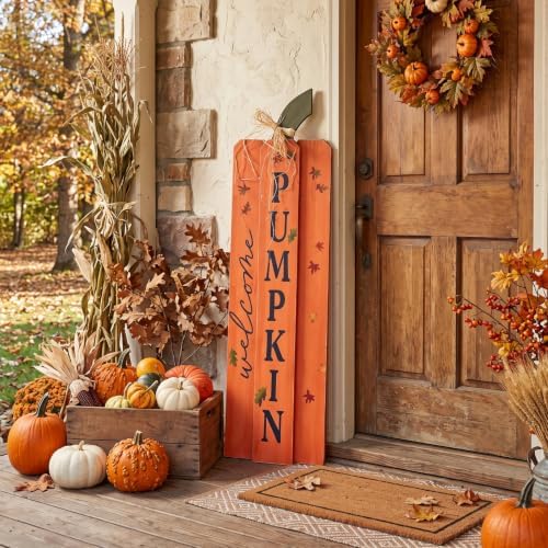 Weysat Fall Pumpkin Porch Sign Thanksgiving Autumn Wooden Welcome Sign Decor for Front Porch Vertical Standing Welcome Decor for Patio Front Door Home Party Wall Yard Farmhouse Outdoor 35 x 12 Inch - Image 5