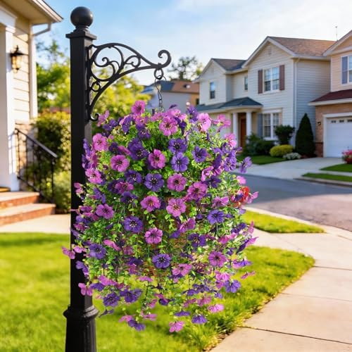 INQCMY Artificial Hanging Flowers with Basket for Spring Outdoor Decoration 3 Bunches of Silk Daisy Flower Uv Resistant for Garden Porch Patio Balcony Yard Decor (Purple1) - Image 6