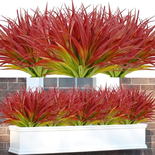 16Pcs Artificial Grass Fake Plants 17.3in Outdoor Plants UV Resistant Greenery Stems Fake Grass for Home Window Garden Office Patio Pathway Front Porch Décor Light Green & Red by Phliofd