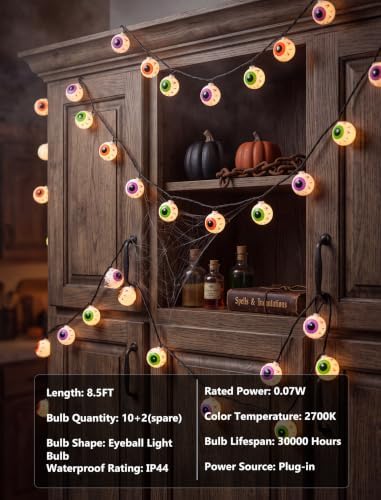 GOOTHY Halloween Eyeball String Lights 8.5Ft Halloween Decorative String Lights with 10 Incandescent Multicolor Eyeball Lights for Party, Christmas, Carnival, Celebration Indoor/Outdoor Decor - Image 3