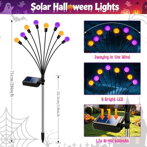 Kohlrabi Halloween Decorations Outdoor, 4 Pack 32 LED Purple and Orange Solar Firefly Lights Waterproof, Sway by Wind, Solar Wind Swaying Light for Garden Yard Patio Pathway Decoration - Image 2