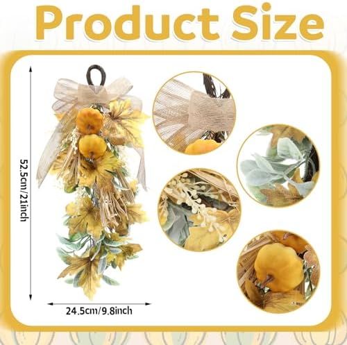 Suncalla 2 Pcs Fall Cream Pumpkin Swag 20" Front Door Vertical Maple Leaf - Image 4