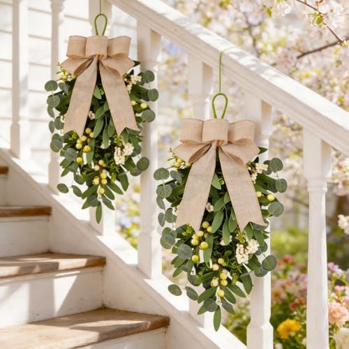 2 PCS 22" Artificial Green Eucalyptus Teardrop Swag for Front Door Greenery Swag Spring Summer Olive Kitchen Cabinet Wreath with White Berry for Farmhouse Home Porch Wall Window Festival Wedding Decor - Image 6