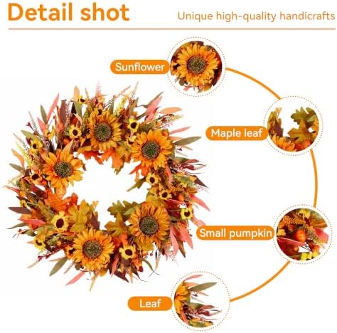 Pinkpum 24" Fall Wreath Front Door Sunflower Artificial Wall Decor Autumn - Image 3