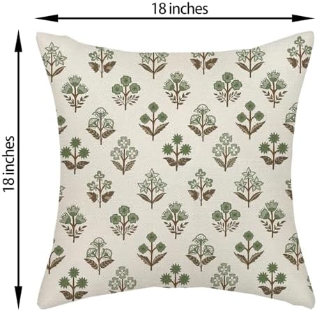 Sage Green Brown Pillow Covers 18x18 Inch 2 Pcs Block Print Vintage Floral Decor Throw Pillows Boho Flower Spring Summer Outdoor Seasonal Decoration Pillowcase Linen Cushion Cover for Couch - Image 6