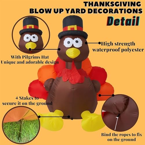 Thanksgiving 6FT Inflatable Turkey with Pilgrim Hat Yard Decoration - LED Light Up Blow Up Turkey for Outdoor Indoor Lawn Thanksgiving Yard Decorations and Autumn Holiday Family Party Display - Image 6