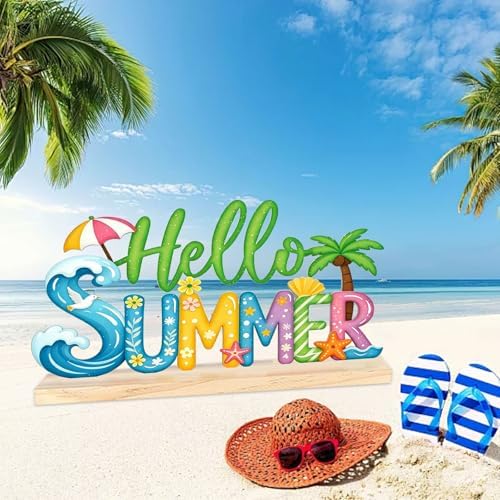 Hello Summer Metal Sign Vintage Summer Table Decor Centerpiece Decoration With Wood Base for Home Patio Shelf Outdoor Indoor Office Bar Party 11.8×5.7 Inch - Image 6