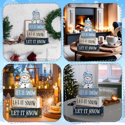 Lineshading 4 Pcs Wooden Snowman Table Decoration, Let It Snow Signs - Image 4
