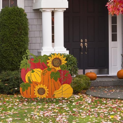 Glitzhome 41.75" H Fall Pumpkin Patch Combo Yard Stake, Metal Thanksgiving Pumpkins Sunflower Yard Signs, Decorative Pumpkin Garden Stake for Home Fall Autumn Harvest Halloween Patio Lawn Decor - Image 3