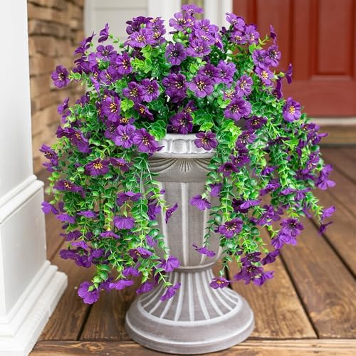 Artificial Faux Hanging Flowers Plants for Spring Outdoor Outside Decoration, 2 PCS Fake Silk Daisy with Eucalyptus UV Resistant Realistic Trailing Vines for Balcony Patio Porch (Dark Purple) - Image 6
