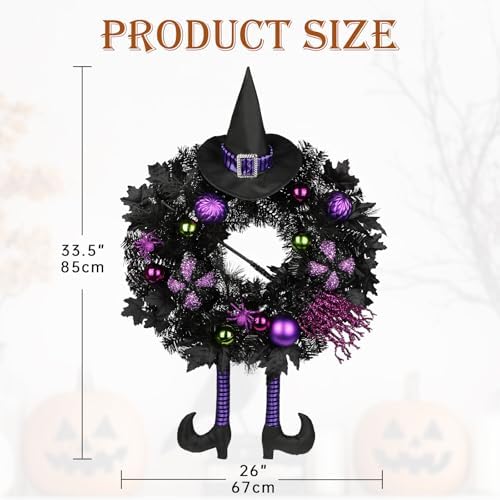Halloween Wreath for Front Door 26" Tinsel Black Witch Wreath with Hat Legs and Purple Pumpkin for Fall Autumn Indoor Window Door Thanksgiving Halloween Decorations - Image 3