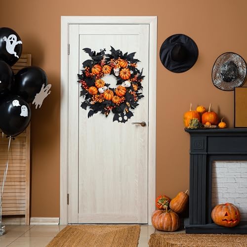 Sggvecsy Halloween Wreath with Artificial Pumpkin Handmade Black Maple Leave Skull Pumpkin Orange Berries 20''Front Door Decorations for Indoor Outdoor Home Halloween Festival Decoration - Image 5