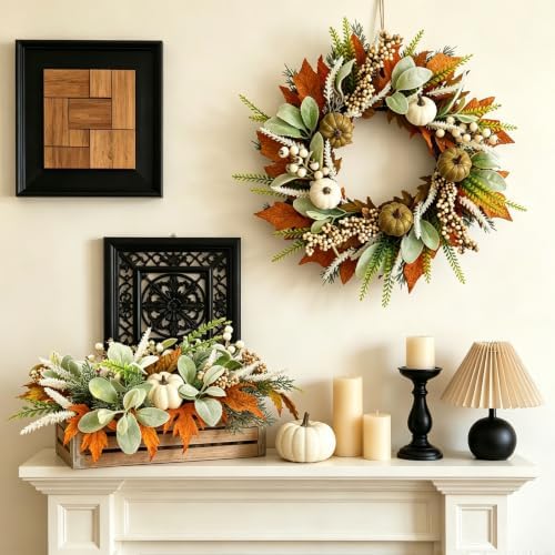 18 Inch Fall Wreath Maple Leaf Pumpkin for Front Door - Image 4